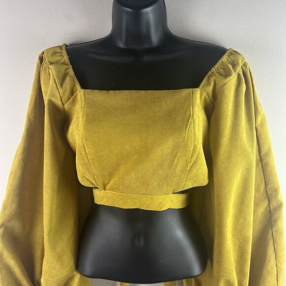 HYFVE Top Cropped Ballon Sleeve Corduroy Smocked Mustard Yellow Tie Back - Picture 2 of 10